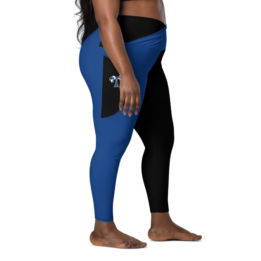 Blue ColorBlock Crossover leggings with pockets
